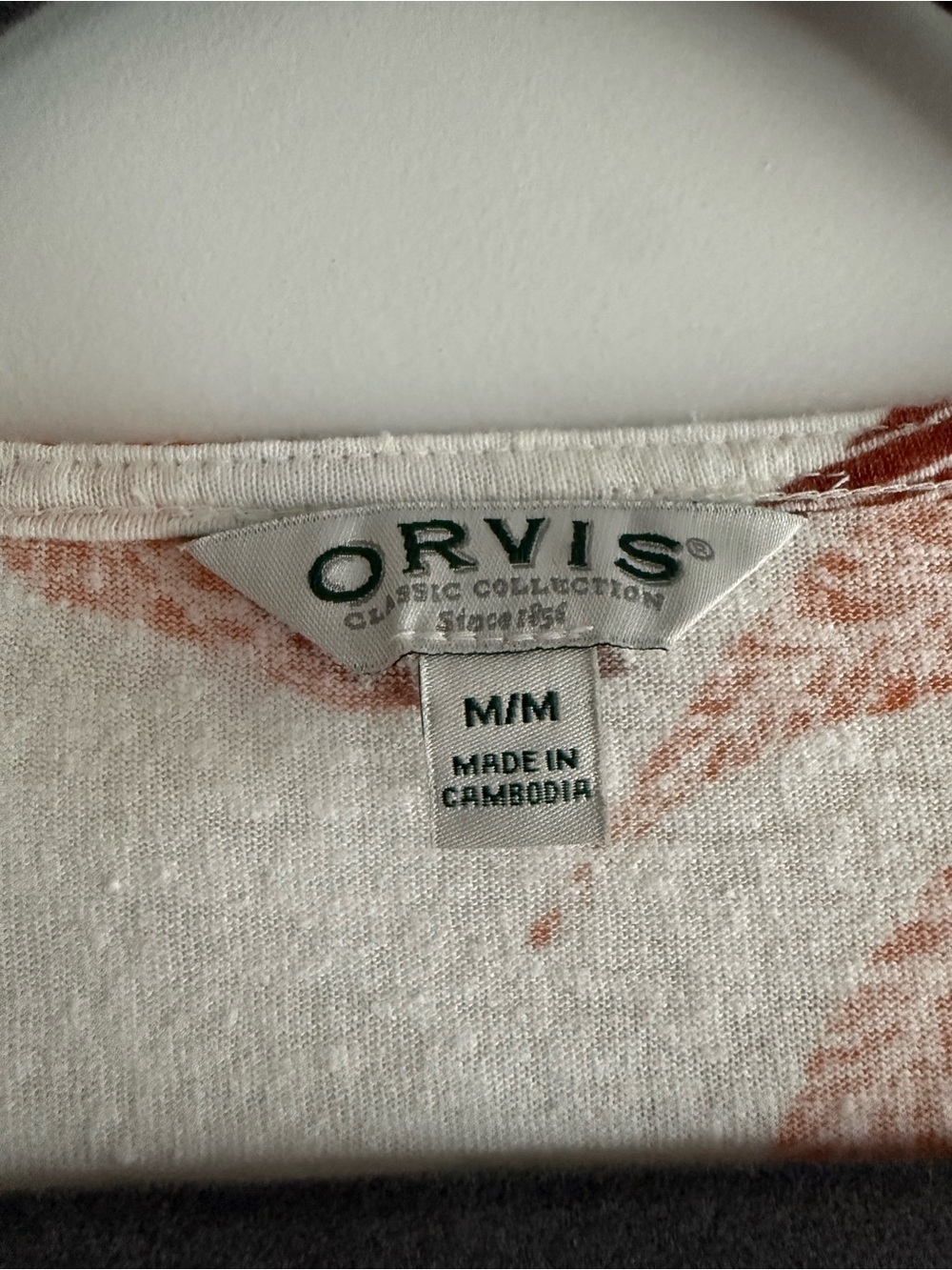 Orvis Linen Blend Cream Short-Sleeve Top w. Orange & Olive Leaf Print, M, EUC - Picture 2 of 9